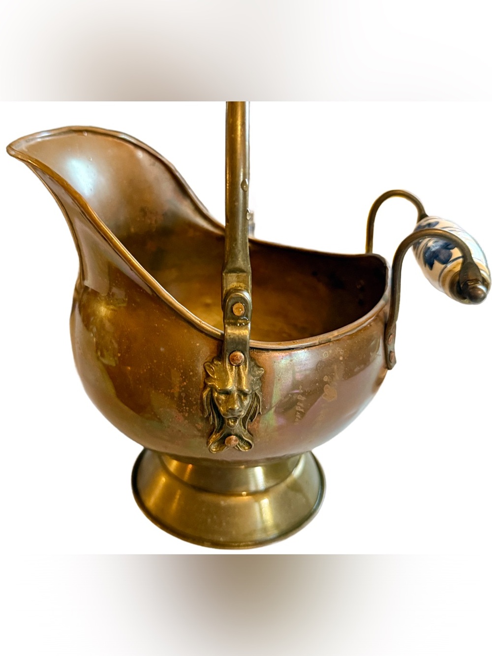 Vintage Brass Coal Scuttle bucket with Ceramic Handle